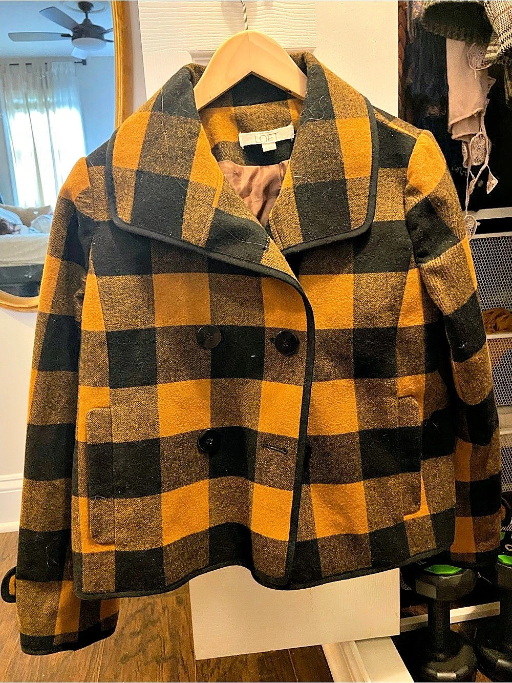 LOFT Plaid Pea Coat in Yellow & Black Size Small